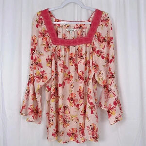 The Pioneer Women 1X‎ Lace Neckline Floral Print Semi-sheer Blouse